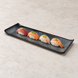 15.25" × 5" Obsidian Ceramic Rectangular Platter with a restaurant serving