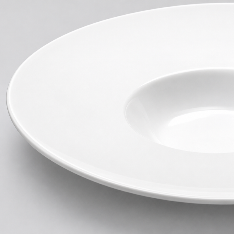 Close view of the A2803 white ceramic plate showing the broad circular rim and recessed well.
