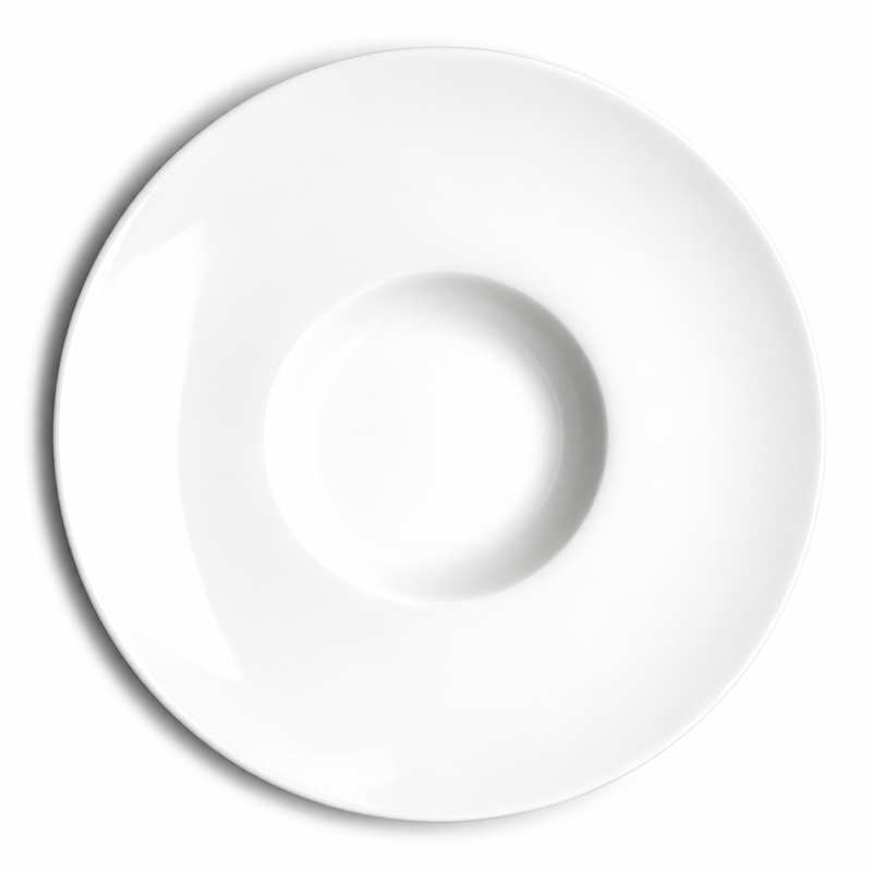 Overhead view of the A2807 broad white rim surrounding its recessed circular well.