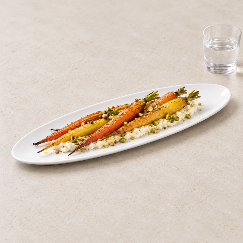 Roasted orange and yellow carrots over a light-colored accompaniment on the A2986 oval plate