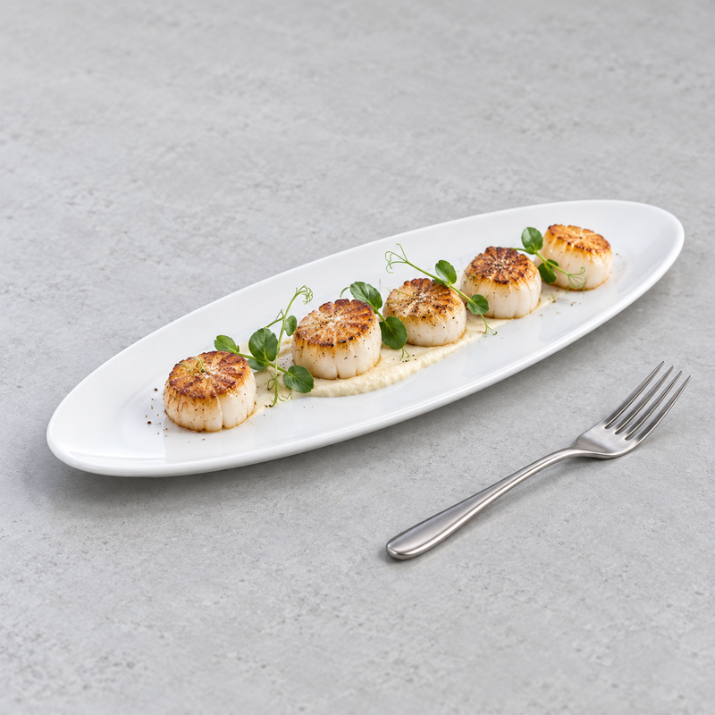 Browned scallops arranged in a line with small green garnishes on the white A2986 plate
