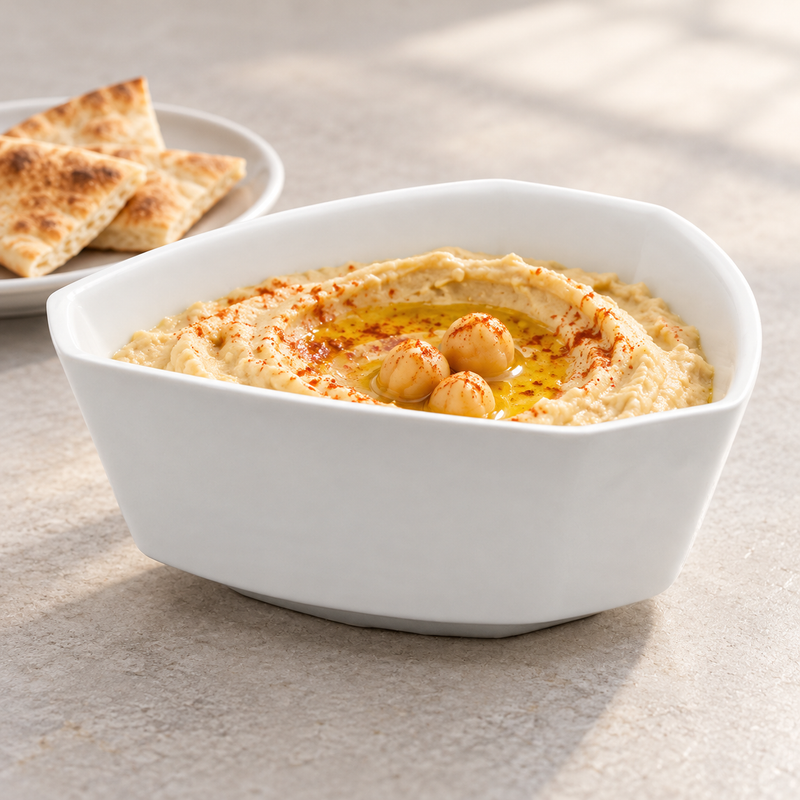 A2989 irregular white bowl with a chickpea-topped dip, golden oil and red seasoning, with bread on a separate plate.