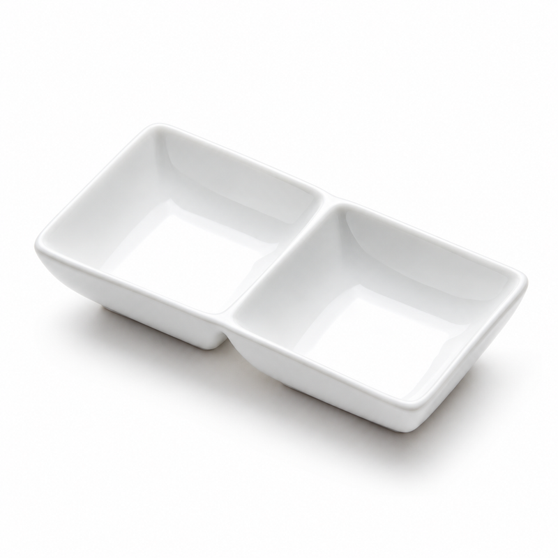White ceramic two-compartment sauce dish viewed from above at an angle, showing the divider and square wells.