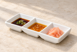 3-Compartment Sauce Dish, White Ceramic. Serving suggestion.