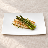 A346-02 white rectangular plate with grilled fish and asparagus