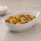 11-1/4" Teardrop Bowl, White Ceramic, Shrimp and vegetable serving