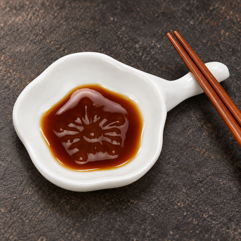 A3507 white ceramic sauce presentation on a restaurant tabletop; food and accessories not included.
