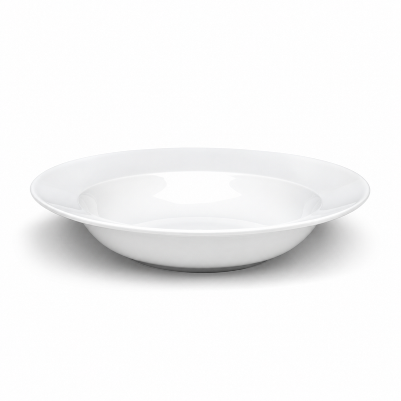 Side view of the A3984 white ceramic wide-rim bowl showing its recessed round center and outward-spreading border.