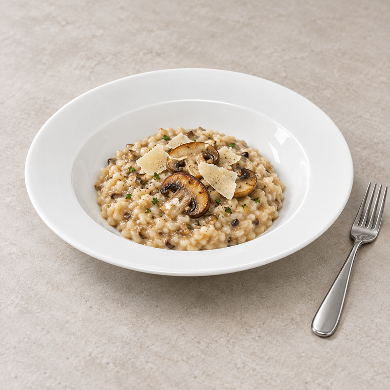 Mushroom risotto with a finishing garnish in the white wide-rim bowl as a serving suggestion.