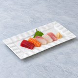 13-7/8"x7-1/2" Ruffle Rectangular Plate, White Ceramic. Serving suggestion.