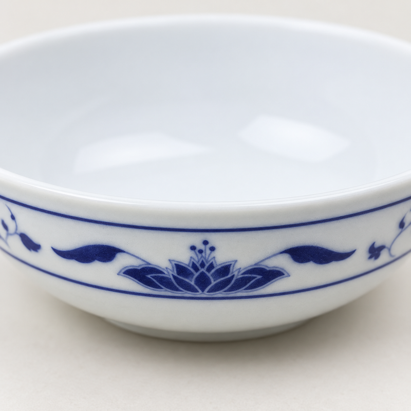Close-up of the blue lotus border on a white porcelain soup bowl.