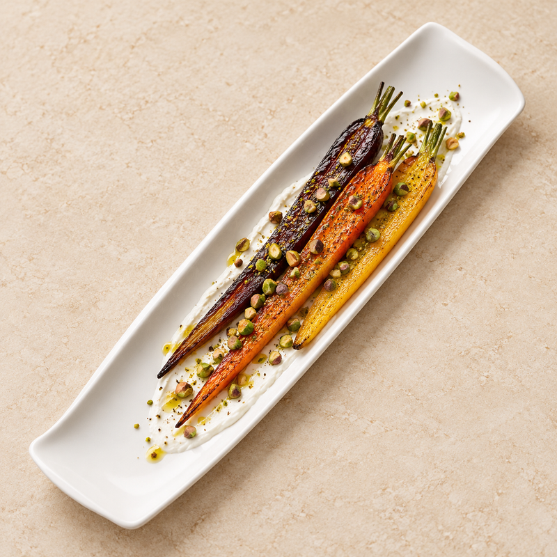 A4552 white ceramic plate presenting roasted vegetables in a long arrangement
