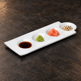 A4758 white ceramic plate with separated condiments on a restaurant tabletop; food and accessories not included.