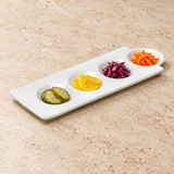 A4758 white ceramic dish with a small pickle selection on a restaurant tabletop; food and accessories not included.