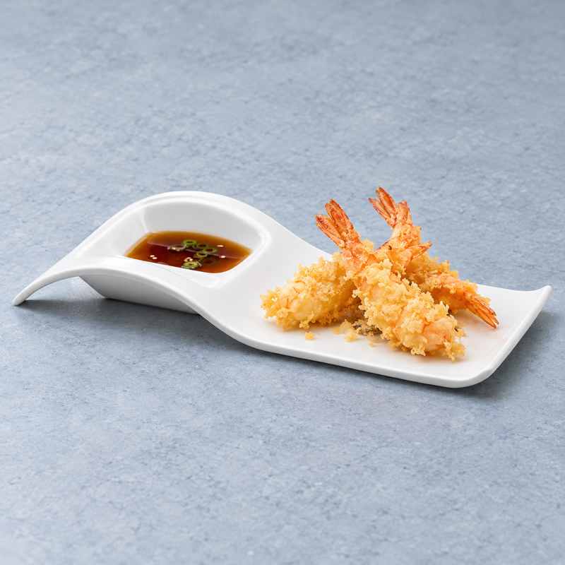 A4825 two-compartment plate with tempura shrimp and a separate dipping sauce, shown as a serving suggestion.