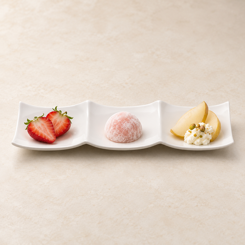 A5218 white three-section rectangular plate with strawberries, mochi and pear with cream.