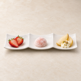3-Compartment Square Plate 11"x3-1/2", White Ceramic. Dessert serving suggestion.