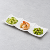 3-Compartment Square Plate 11"x3-1/2", White Ceramic. Appetizer serving suggestion.