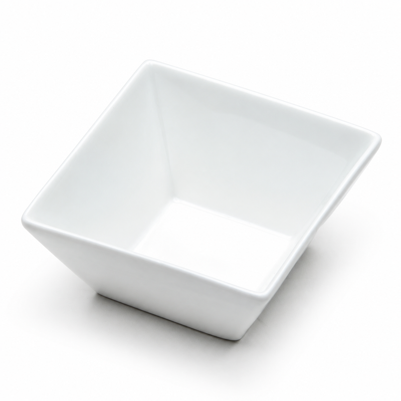 A5397 plain white square ceramic bowl seen at an angle from above, showing outward-flaring walls and its smaller square base.