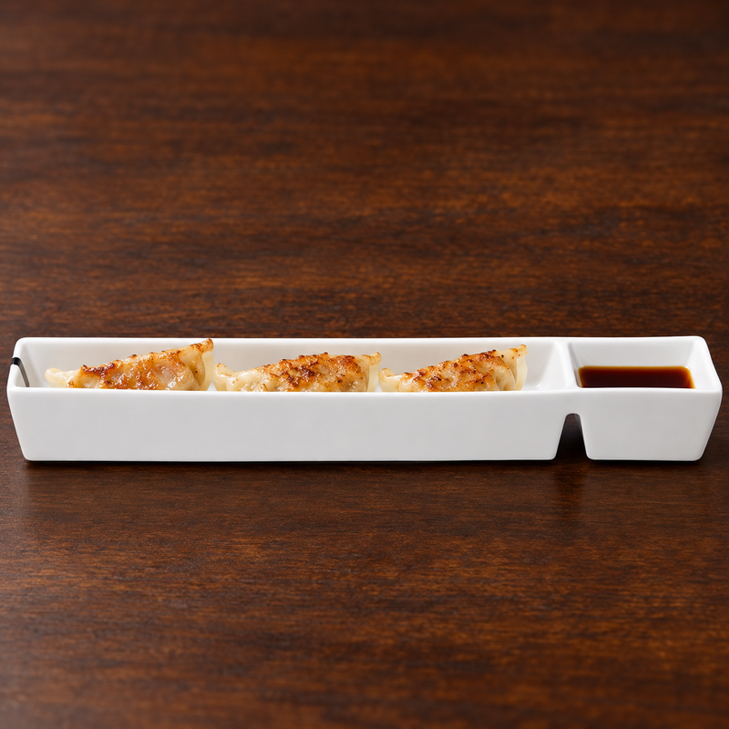 10¼″ × 2¾″ White Porcelain Divided Rectangular Dish — A Dumpling Serving