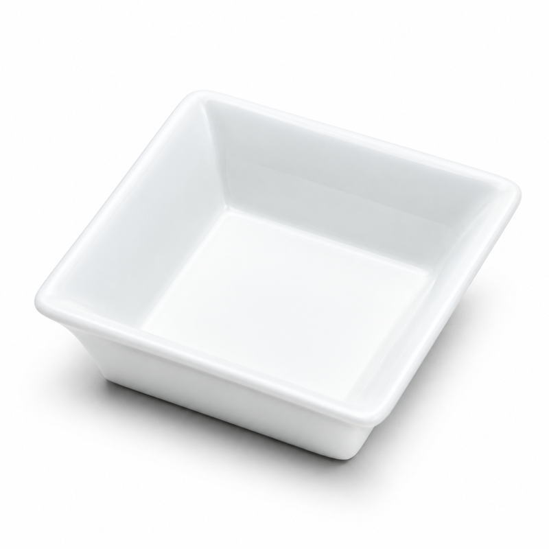 A6165 white square ceramic sauce bowl viewed from above at an angle, showing its flared sides, softened corners and plain well.