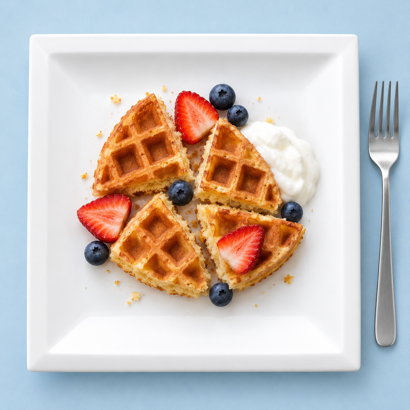 A6285 white square plate with waffle pieces, strawberries, blueberries and a white accompaniment as a breakfast suggestion.