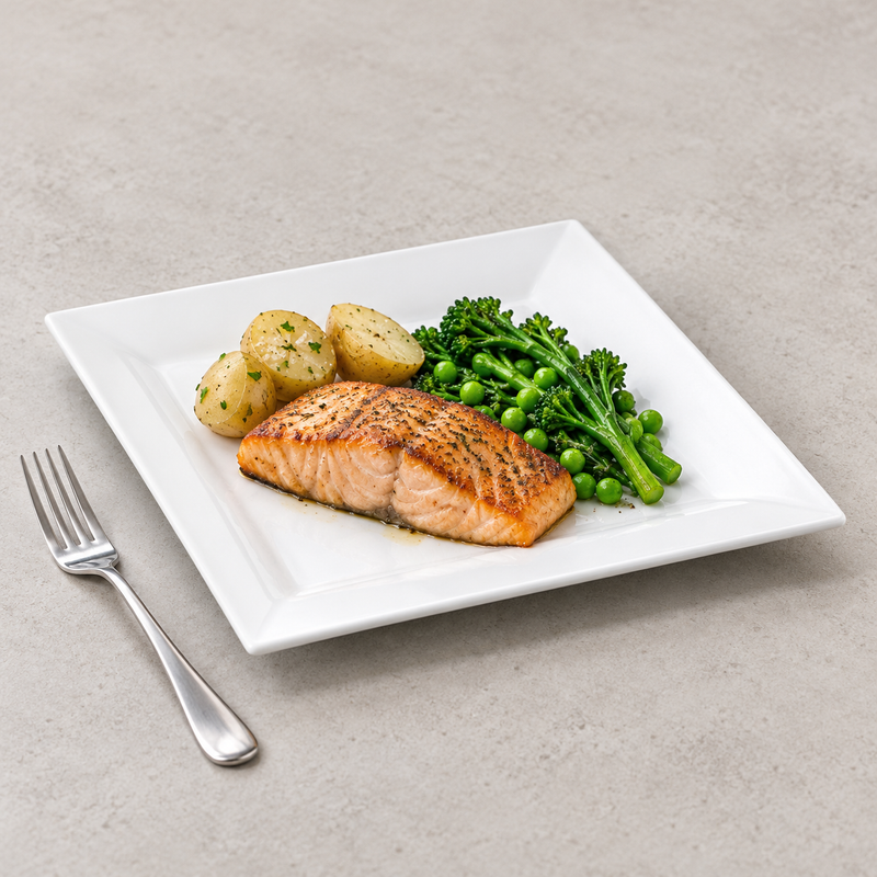 A6285 white square plate with salmon, potatoes and green vegetables as a main-course serving suggestion.