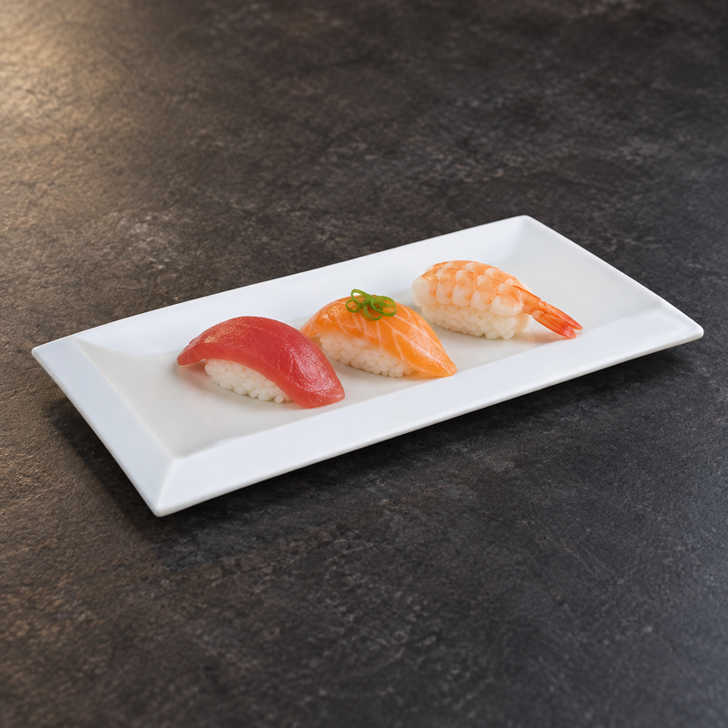 11¾″ × 5½″ White Ceramic Rectangular Plate — A Short Sushi Selection