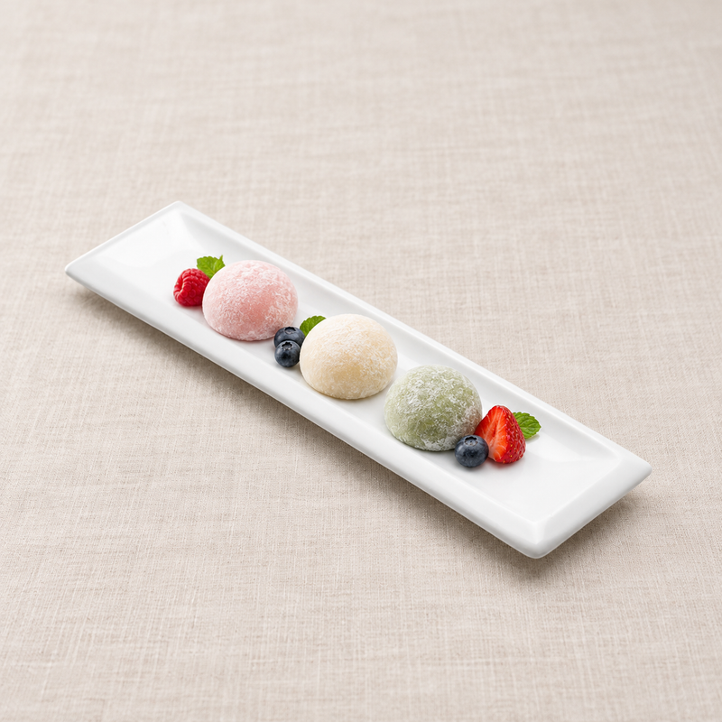 14¼″ × 3¾″ White Ceramic Rectangular Sushi Plate — Small Sweets Along the Center