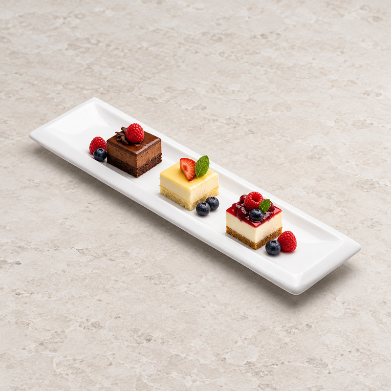 16″ × 4¼″ White Ceramic Rectangular Sushi Plate — A Linear Dessert Course