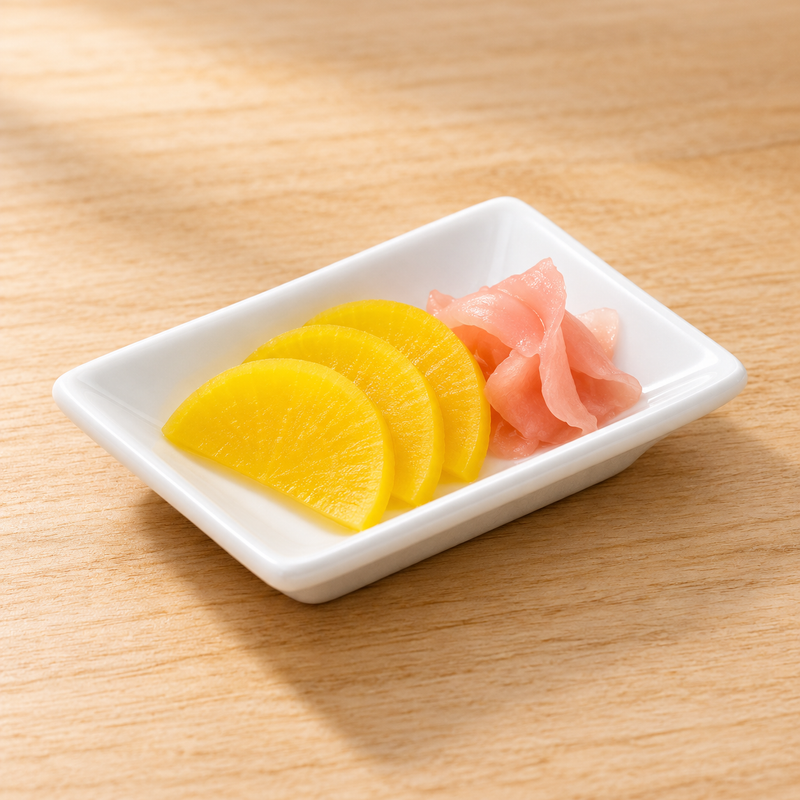 Serving suggestion with overlapping yellow pickled-vegetable slices and pink pickled ginger in the A6661 white rectangular plate