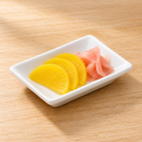 3-3/4"x2-1/2" Rectangular Plate, White Ceramic. Pickled-vegetable serving suggestion.
