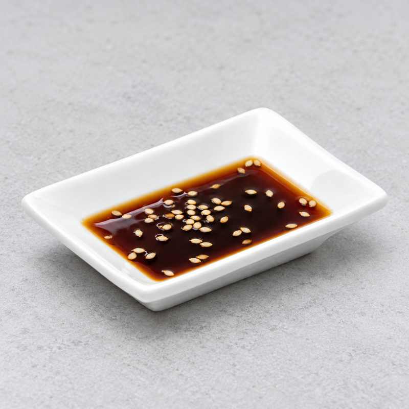 Serving suggestion with dark soy dip and sesame seeds in the A6661 white rectangular plate