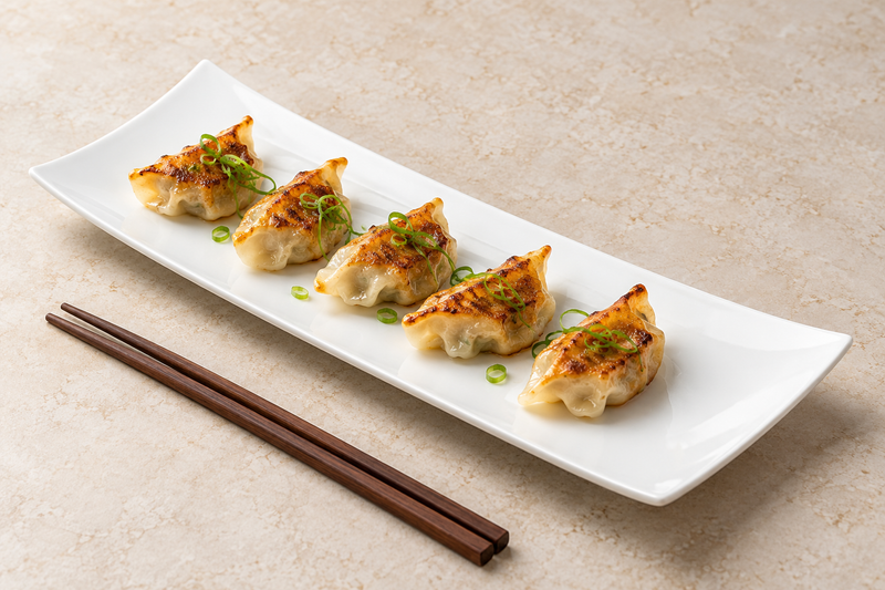 Serving suggestion with browned dumplings and green scallion garnish in a row on the A6666 white rectangular plate, with chopsticks alongside