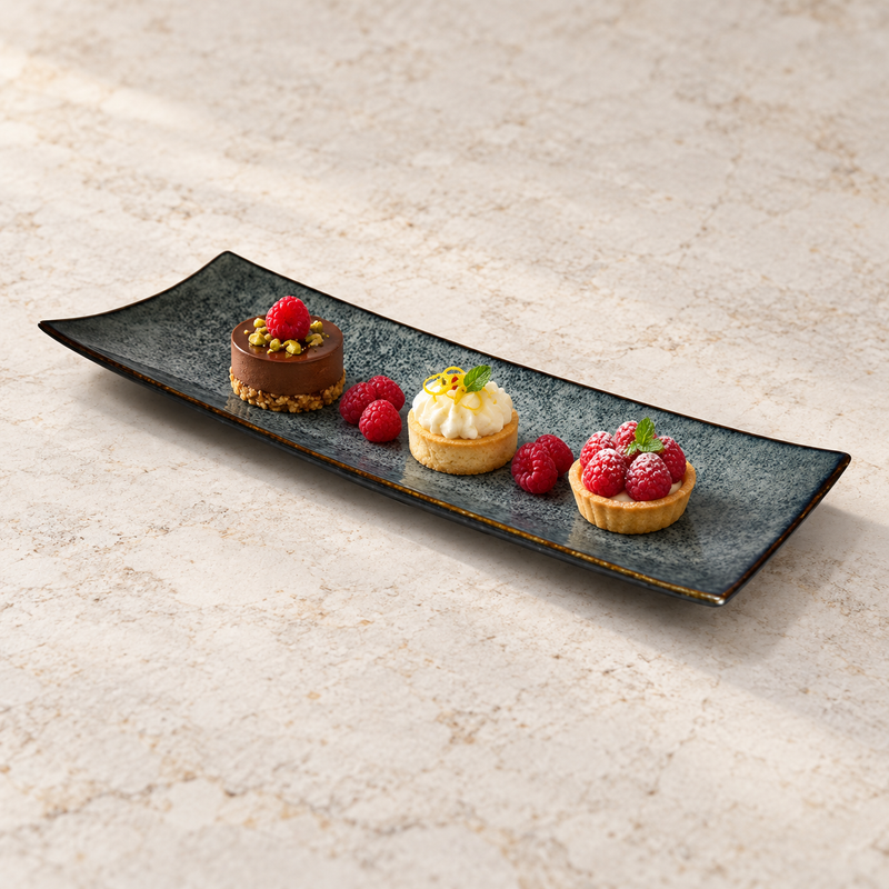14.5" × 5.5" Obsidian Ceramic Rectangular Platter with a restaurant serving