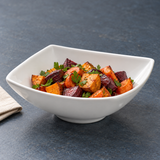 9-5/8" Square Bowl, White Ceramic, Roasted root vegetables
