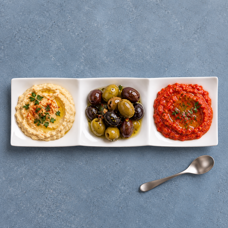 A6909 divided white plate with a pale dip, mixed olives and a red dip as an appetizer suggestion; spoon not included.