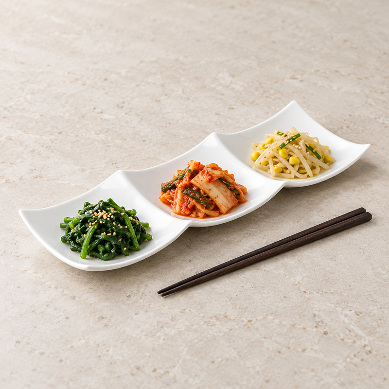 A6909 plate with greens, kimchi and bean sprouts as an accompaniment suggestion; chopsticks not included.