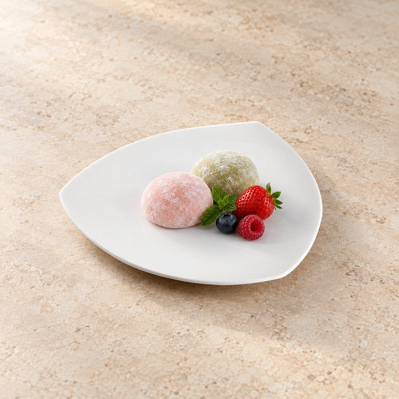 A7611 white ceramic triangular plate with a small dessert presentation on a restaurant tabletop; food not included.