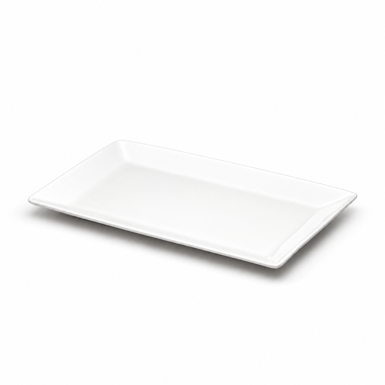 13"x8-1/2" Rectangular Platter, White Ceramic. Angled product view.