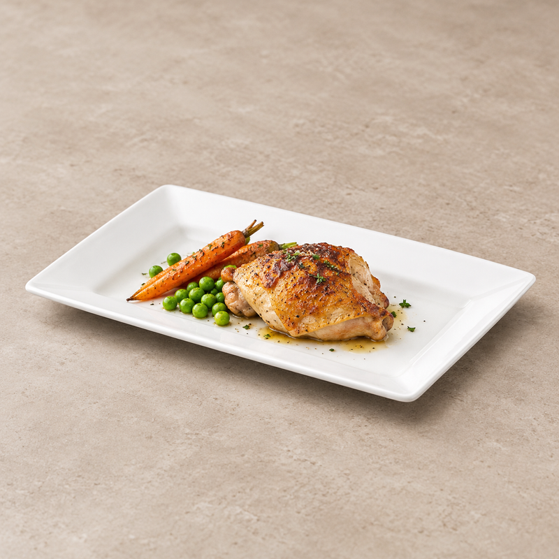 Serving suggestion with browned chicken, carrots, green peas and herbs on the A7991 white rectangular platter