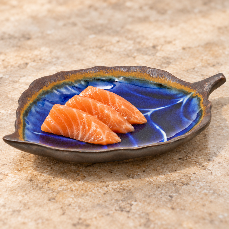 AS28L-SP sapphire ceramic leaf plate with salmon sashimi