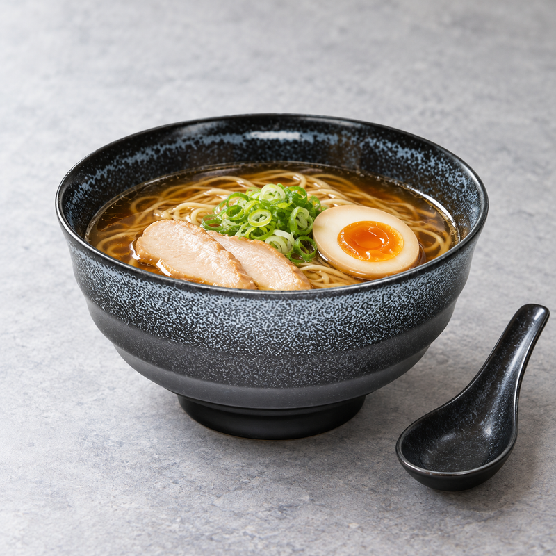 Black speckled bowl serving noodles, chicken, a halved egg and scallions