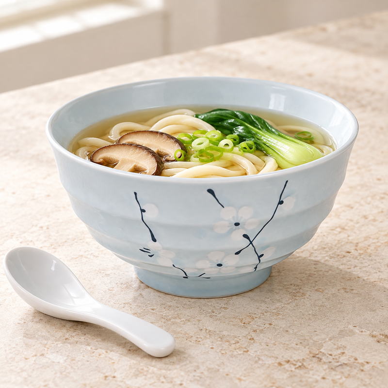 Floral ceramic bowl serving noodles, mushrooms, leafy greens and scallions
