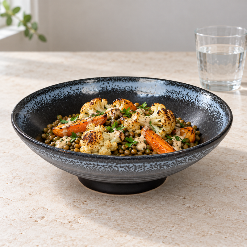 Black speckled bowl serving roast cauliflower, carrots, lentils and herbs