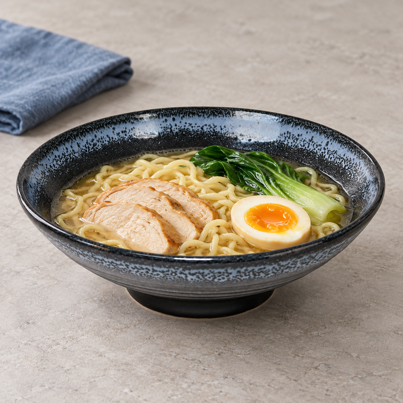 Black speckled bowl serving noodles, sliced meat, a halved egg and greens