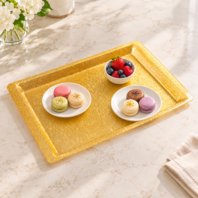 AST-2G gold snake-textured acrylic display tray with macarons and berries in separate white dishes, serving suggestion