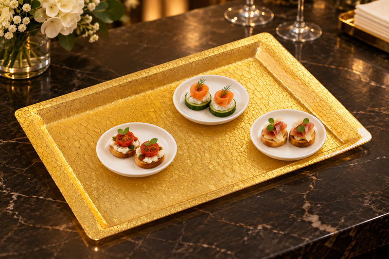 AST-2G gold snake-textured acrylic display tray with small canapés on separate white dishes, serving suggestion