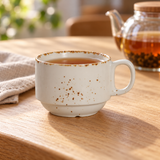 Splash Blanch 8 oz porcelain tea cup with amber tea on a cafe table