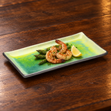 B5948 green rectangular ceramic plate with shrimp, asparagus and lemon